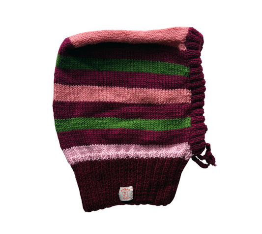 Forest Wine Stripe Balaclava, one-off hand-knitted balaclava by Kazak Woolies