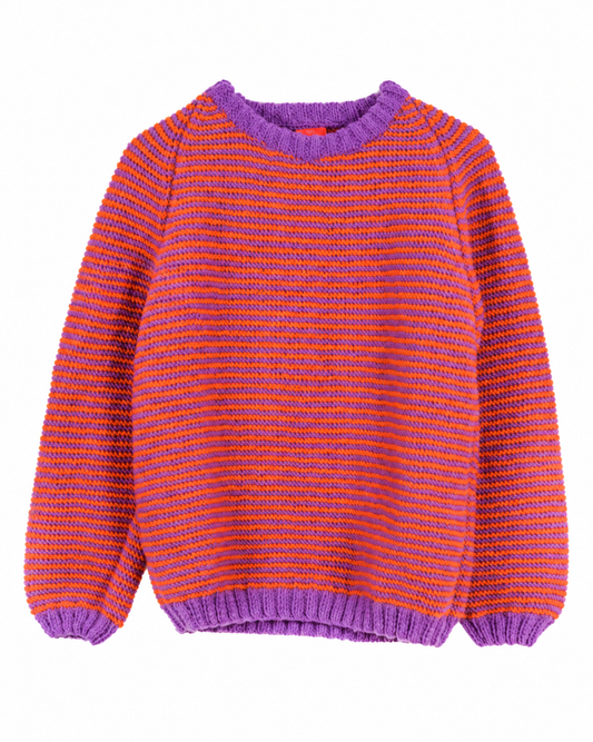 Orange and purple striped hand-knitted crewneck sweater with solid purple ribbed neckline, cuffs and hem.
