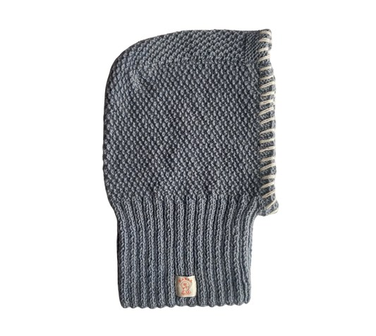 Frost Moss Balaclava, one-off hand-knitted balaclava by Kazak Woolies