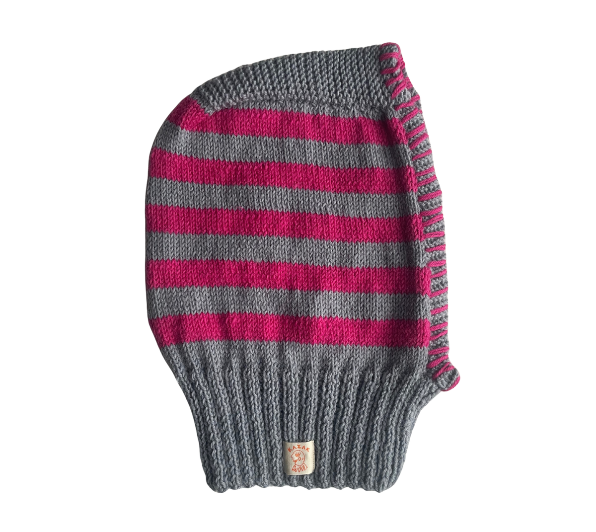 Fuchsia Lines Balaclava, one-off hand-knitted balaclava by Kazak Woolies