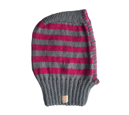 Fuchsia Lines Balaclava, one-off hand-knitted balaclava by Kazak Woolies