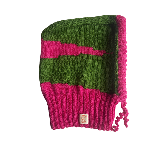 Fuchsia Peak Balaclava, one-off hand-knitted balaclava by Kazak Woolies
