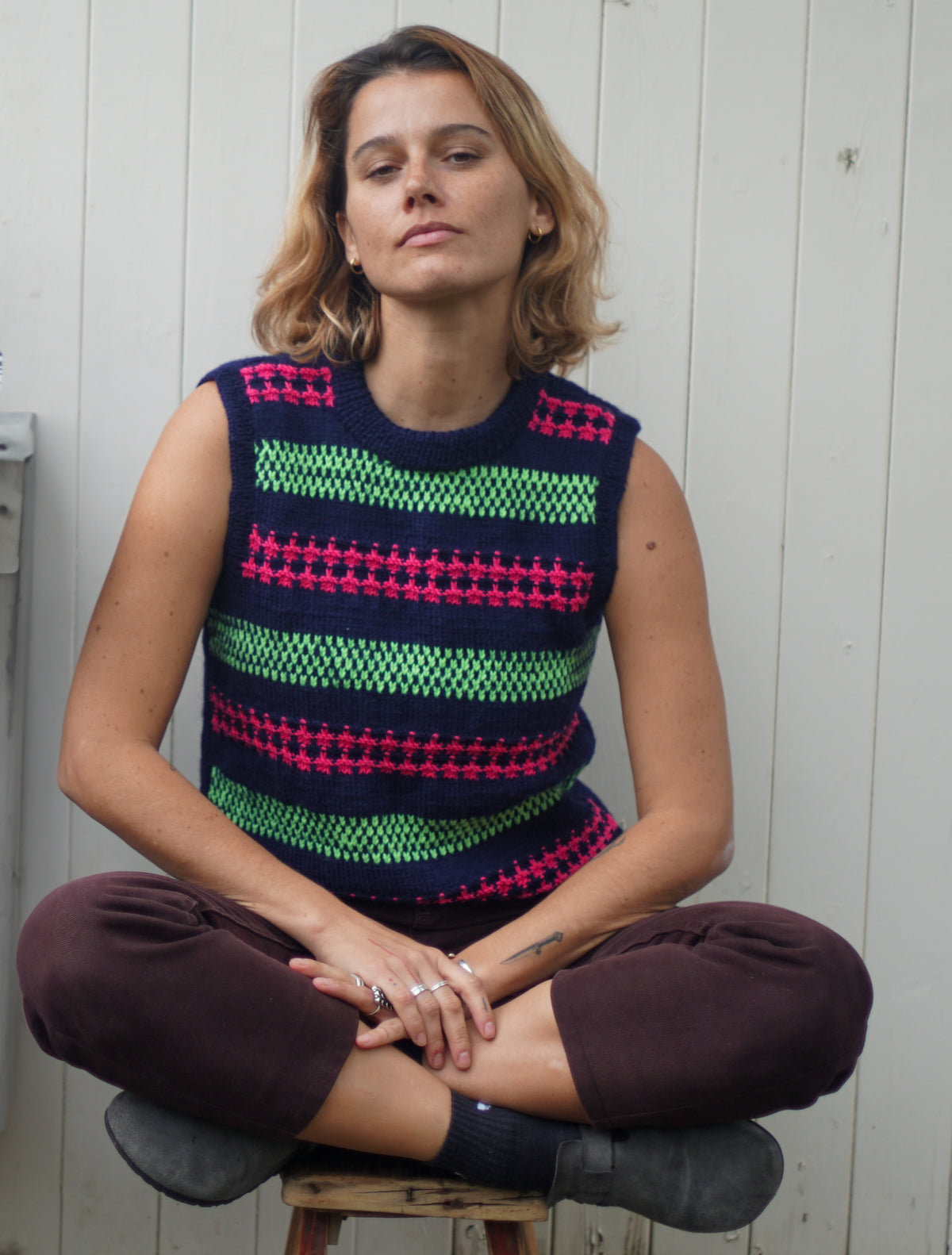 Glow Lines Vest, one-off hand-knitted vest by Kazak Woolies