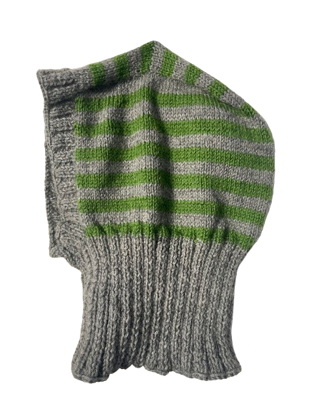 Gray Balaclava with green stripes, one-off hand-knitted balaclava by Kazak Woolies