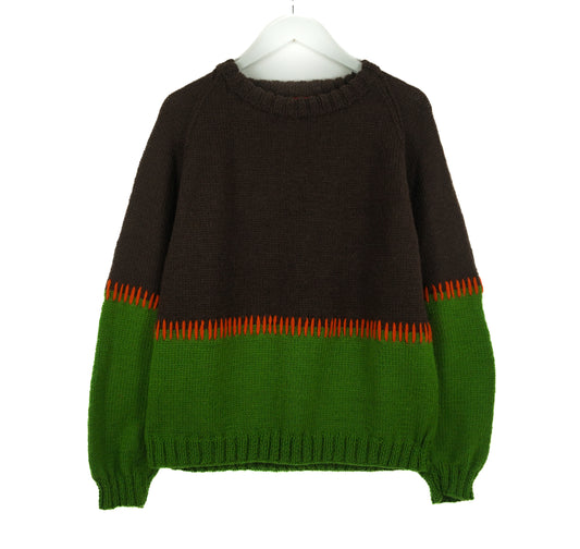 Green and Dark Brown Stitched Jumper, one-off hand-knitted jumper by Kazak Woolies