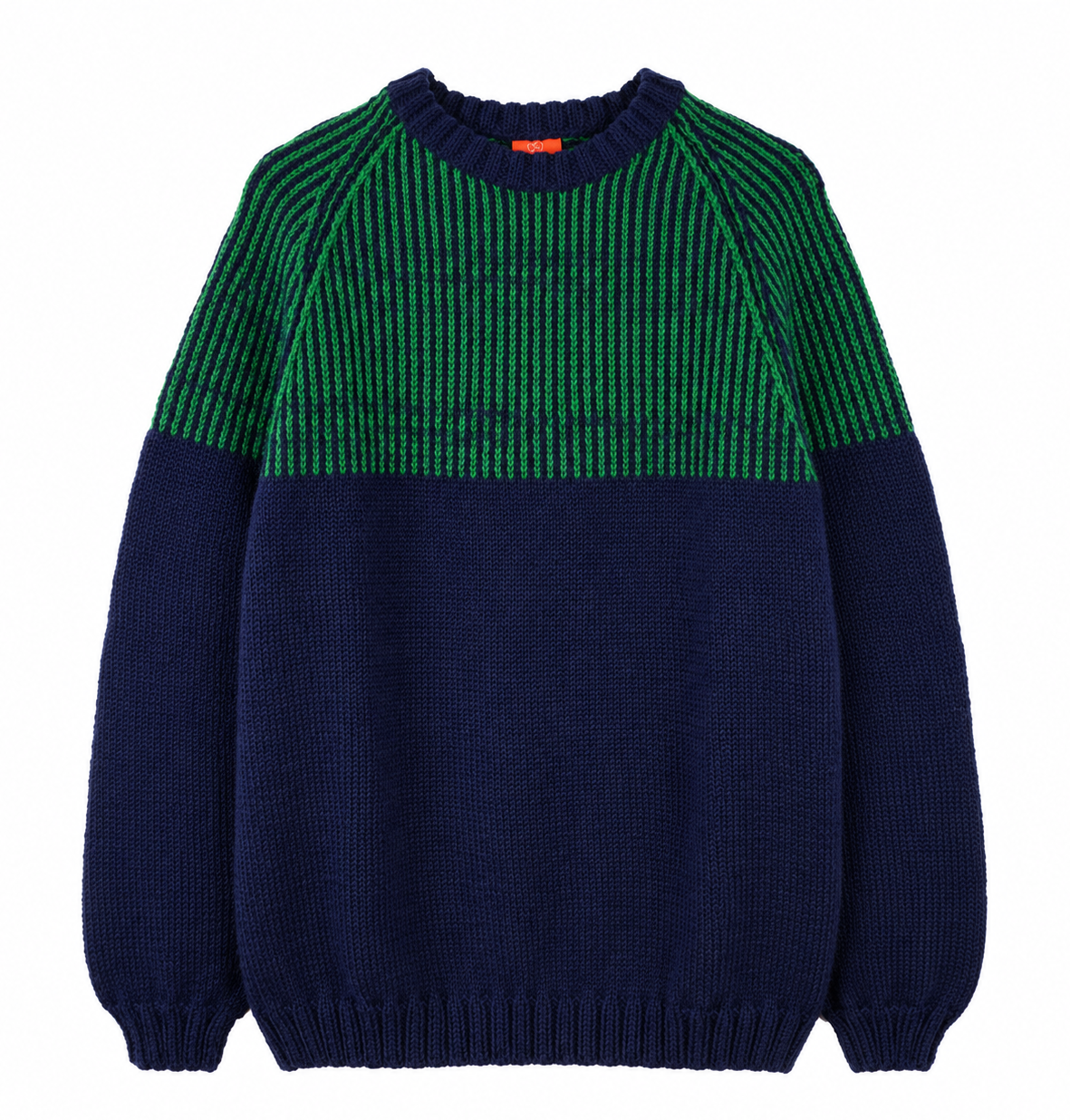 A color-blocked knit sweater with a dark navy blue body and sleeves, and a green and black striped yoke across the chest, shown flat on a white background.