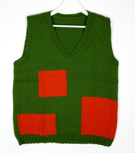 Green and Sunset Orange Checkered Vest, one-off hand-knitted vest by Kazak Woolies
