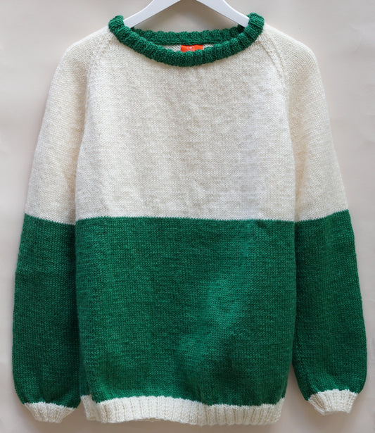 Green and White Jumper, one-off hand-knitted jumper by Kazak Woolies