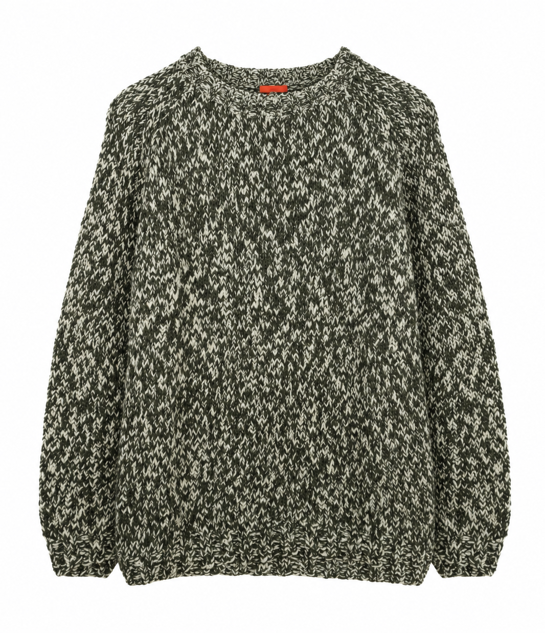 Chunky marled knit sweater in dark green and cream, with a relaxed boxy shape, ribbed crew neck, cuffs and hem, displayed against a white background.