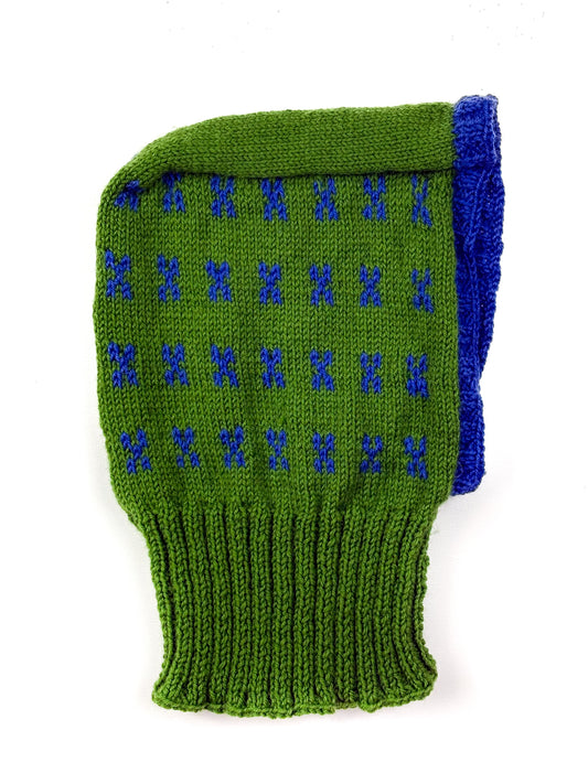 Green Blue Patterns Balaclava, one-off hand-knitted balaclava by Kazak Woolies