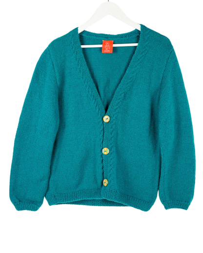 Green Cardigan, one-off hand-knitted cardigan by Kazak Woolies