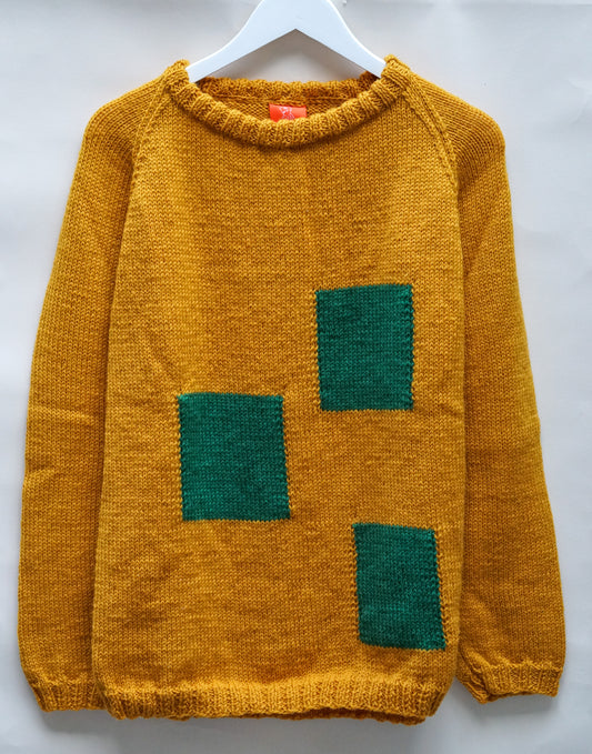 Green Patched Jumper, one-off hand-knitted jumper by Kazak Woolies