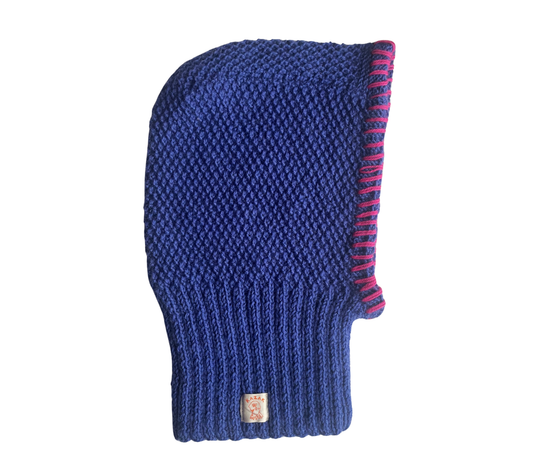 Indigo Bloom Balaclava, one-off hand-knitted balaclava by Kazak Woolies