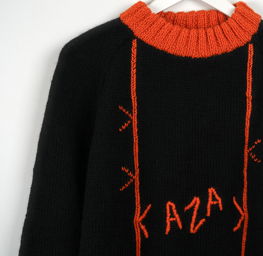 Kazak Typographic Black Jumper, one-off hand-knitted jumper by Kazak Woolies