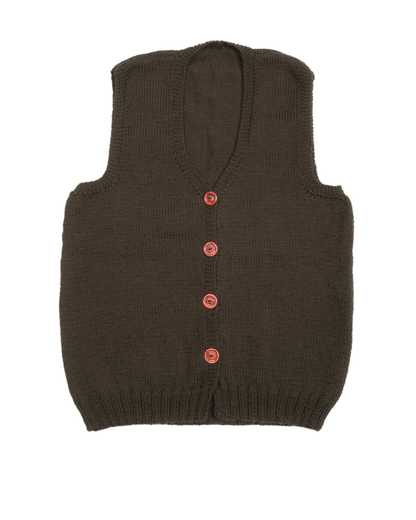 Khaki Red Button Sleeveless Cardigan, one-off hand-knitted sleeveless cardigan by Kazak Woolies