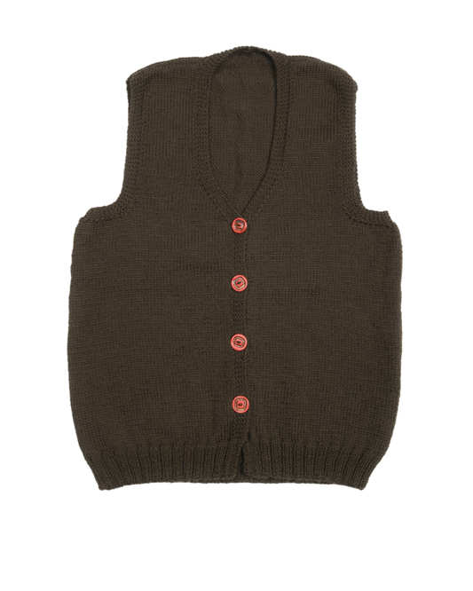Khaki Red Button Sleeveless Cardigan, one-off hand-knitted sleeveless cardigan by Kazak Woolies