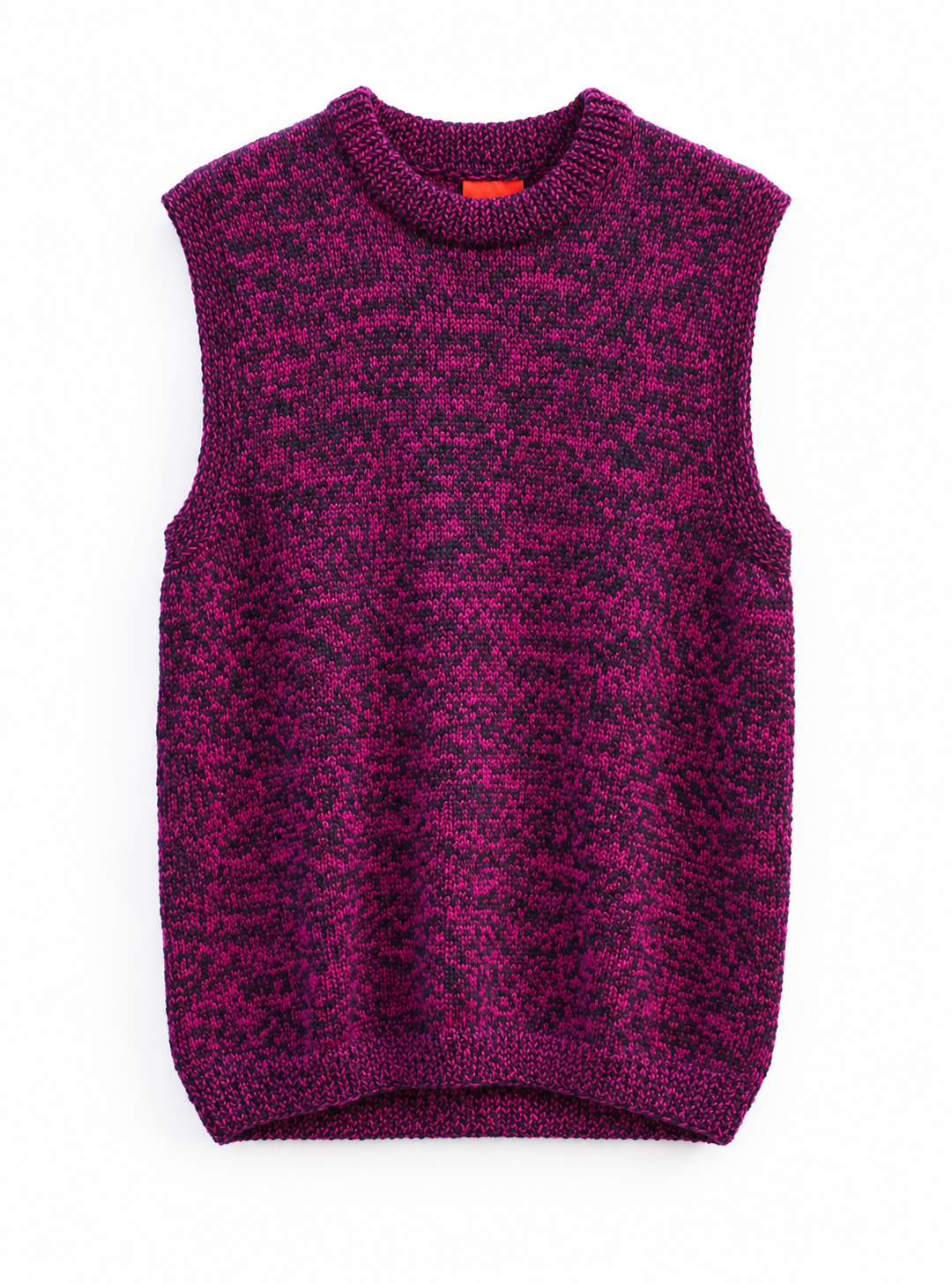 A sleeveless crewneck knit sweater vest in a marled magenta and black pattern, shown flat against a white background.