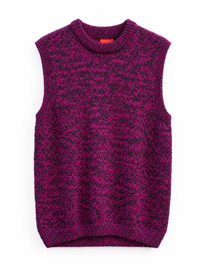 A sleeveless crewneck knit sweater vest in a marled magenta and black pattern, shown flat against a white background.