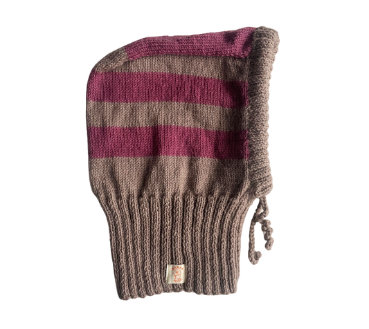 Mauve Stripe Balaclava, one-off hand-knitted balaclava by Kazak Woolies