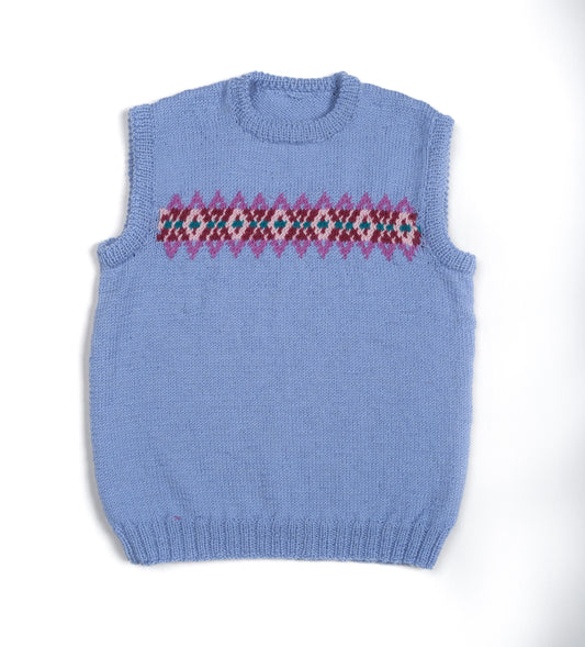 Maya Blue Vest, one-off hand-knitted vest by Kazak Woolies