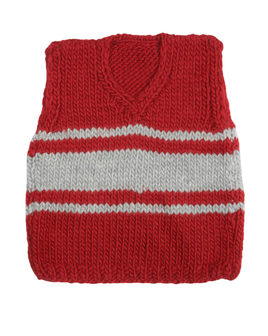 Middle Lined Red Vest, one-off hand-knitted vest by Kazak Woolies