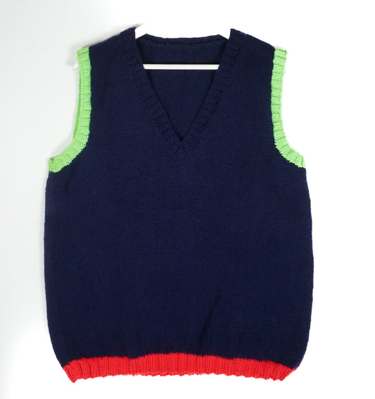 Midnight Blue Vest, one-off hand-knitted vest by Kazak Woolies