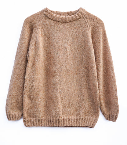 A textured knit crewneck sweater in a warm camel brown color, laid flat against a solid white background.