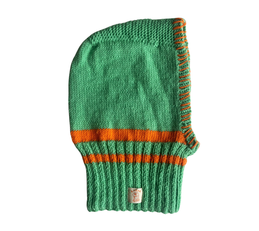Mint and Orange Stripe Balaclava, one-off hand-knitted balaclava by Kazak Woolies