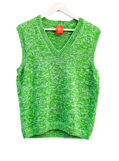 A bright green marled knit sweater vest with a V-neckline, hanging on a white wooden hanger against a plain white background.