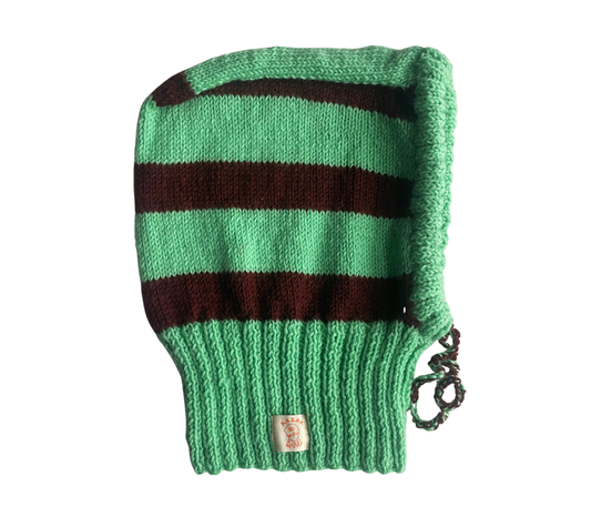Mint Cocoa Stripe Balaclava, one-off hand-knitted balaclava by Kazak Woolies