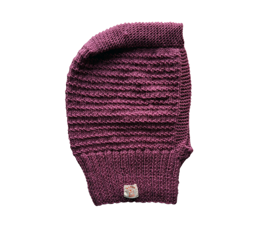 Mulberry Rib Balaclava, one-off hand-knitted balaclava by Kazak Woolies