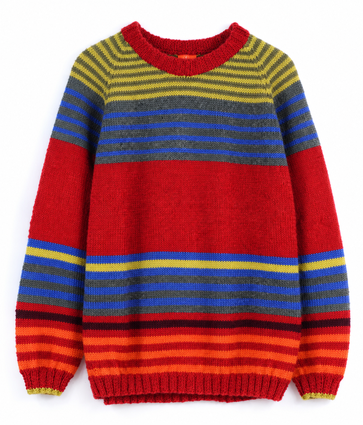 A multicolor striped knit sweater with a solid red crew neck, red body, and horizontal stripes of yellow, blue, and gray.