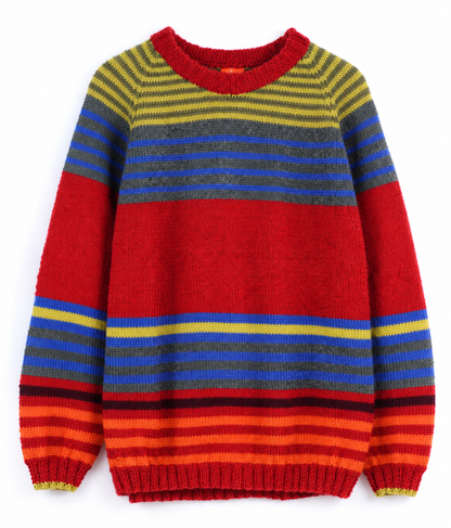 A multicolor striped knit sweater with a solid red crew neck, red body, and horizontal stripes of yellow, blue, and gray.
