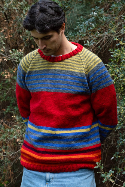 Multi Striped Scarlet Jumper, one-off hand-knitted jumper by Kazak Woolies