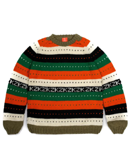 Colorful striped sweater with patterned design on a white background