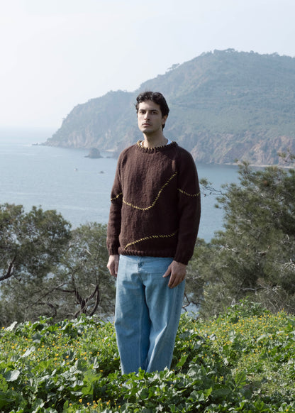 Mustard Lined Espresso Jumper, one-off hand-knitted jumper by Kazak Woolies