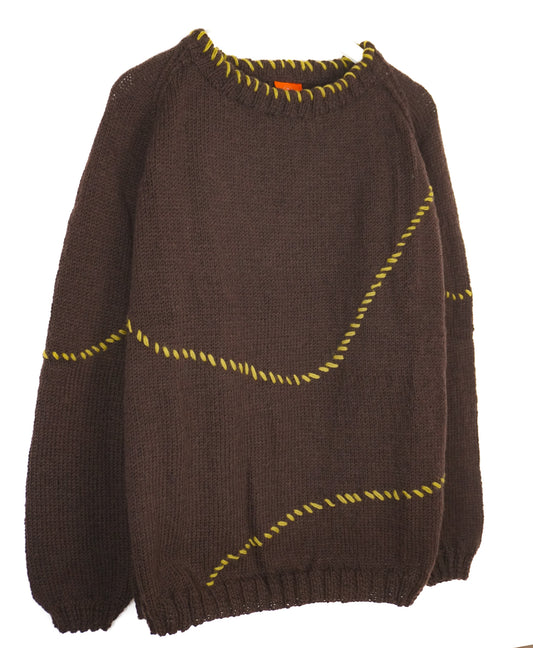 Mustard Lined Espresso Jumper, one-off hand-knitted jumper by Kazak Woolies