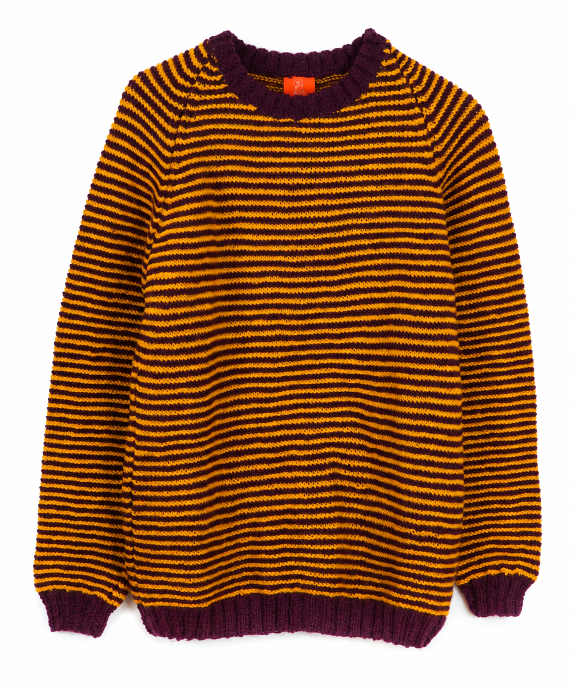 Hand-knitted sweater with fine mustard-yellow and deep burgundy stripes, finished with burgundy ribbed collar, cuffs and hem, displayed against a white background.