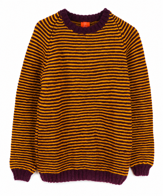 Hand-knitted sweater with fine mustard-yellow and deep burgundy stripes, finished with burgundy ribbed collar, cuffs and hem, displayed against a white background.
