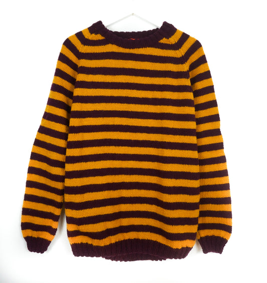 Mustard Plum Striped Jumper, one-off hand-knitted jumper by Kazak Woolies