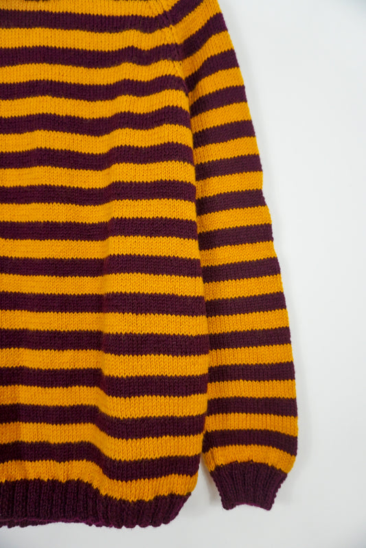 Mustard Plum Striped Jumper, one-off hand-knitted jumper by Kazak Woolies