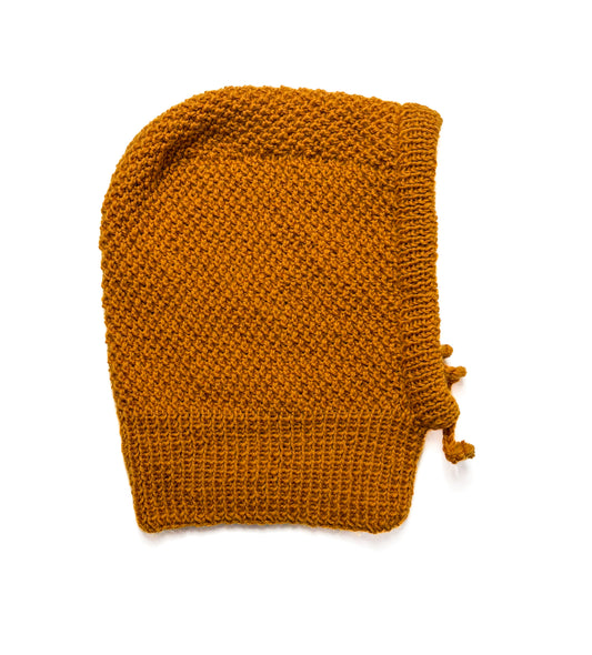 Mustard Tie Balaclava, one-off hand-knitted balaclava by Kazak Woolies