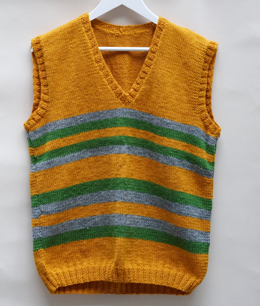 Mustard Vest, one-off hand-knitted vest by Kazak Woolies