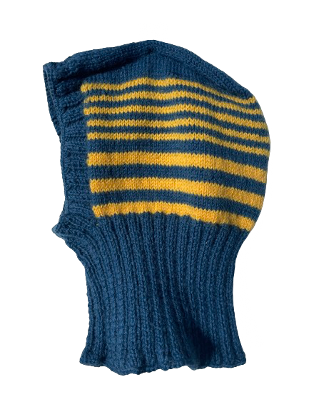 Navy and Yellow Stripes Balaclava, one-off hand-knitted balaclava by Kazak Woolies
