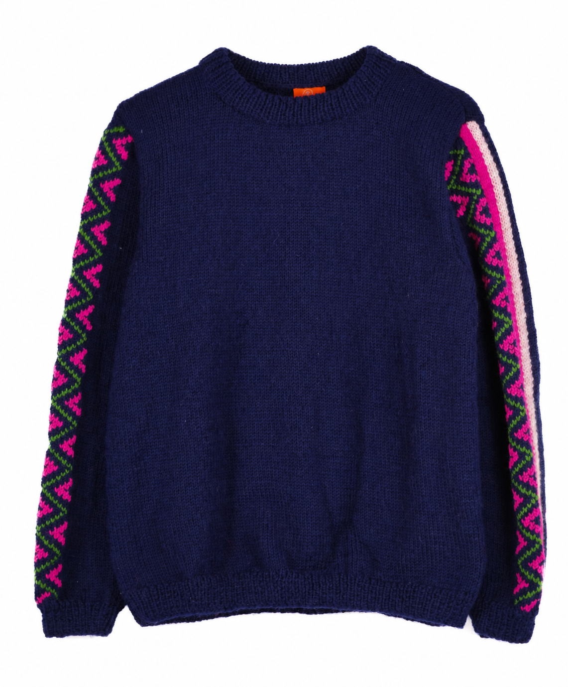 A navy blue knit crewneck sweater with colorful patterned knit sleeve stripes in pink, green, and white, shown against a plain white background.