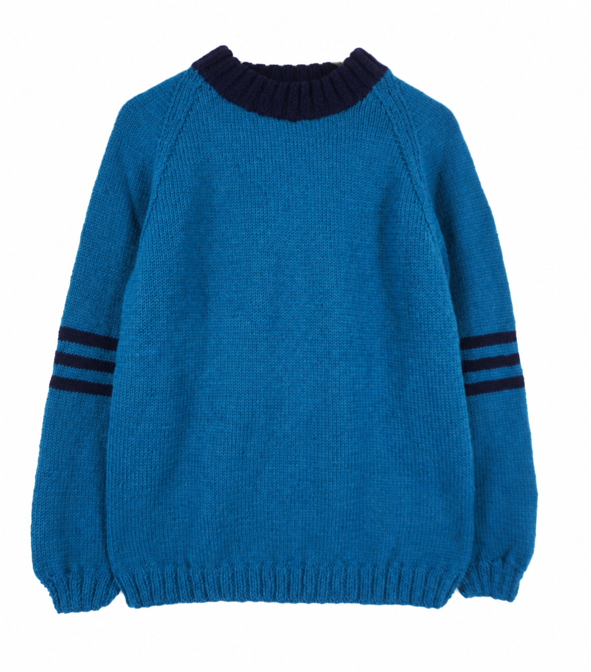 A blue knit sweater with a dark navy crew neck and three navy stripes on each sleeve, shown flat against a white background.