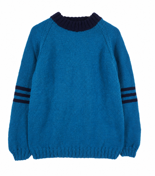 A blue knit sweater with a dark navy crew neck and three navy stripes on each sleeve, shown flat against a white background.