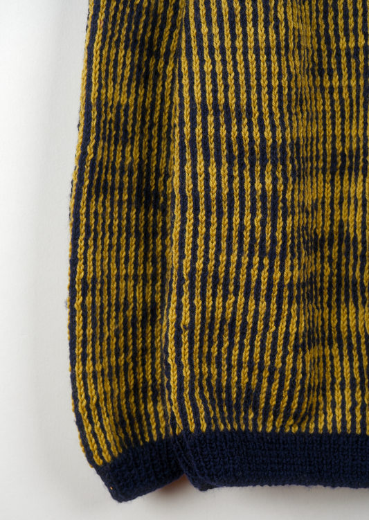 Navy Blue - Yellow Stripes Jumper, one-off hand-knitted jumper by Kazak Woolies