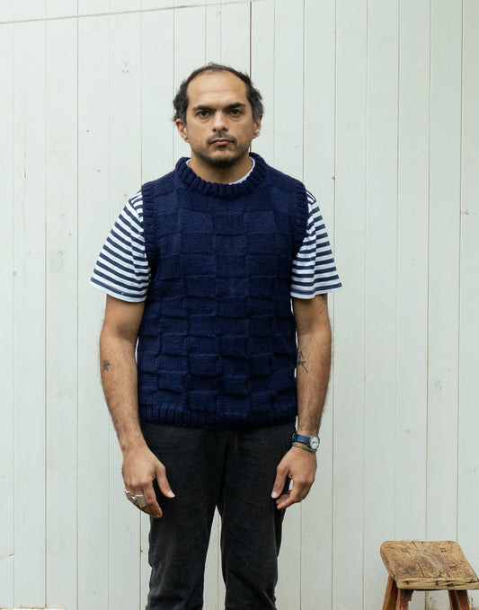 Navy Checkered Vest, one-off hand-knitted vest by Kazak Woolies