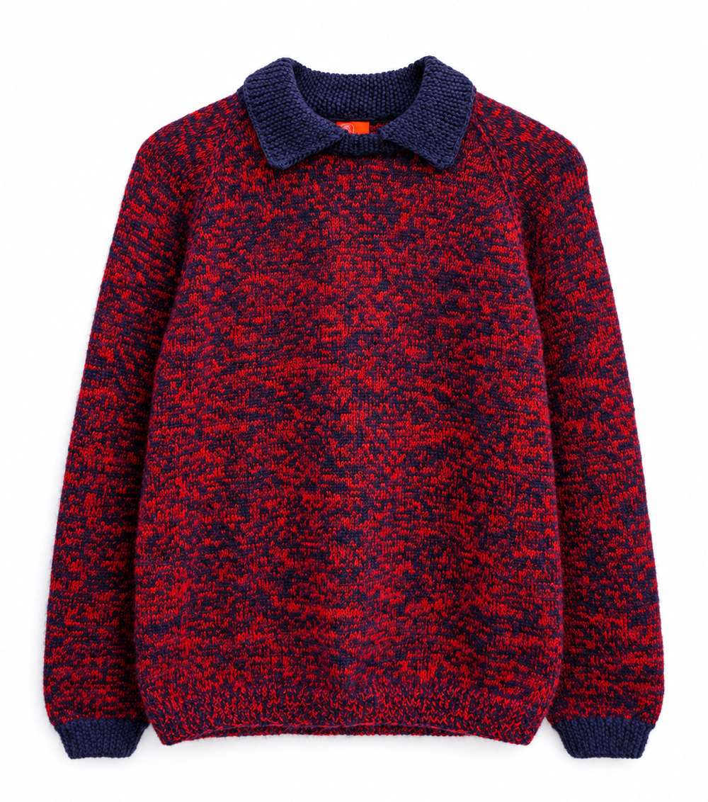 A long-sleeve knit polo-style sweater with a marled red and navy body and a solid navy collar, cuffs, and hem, shown flat against a white background.